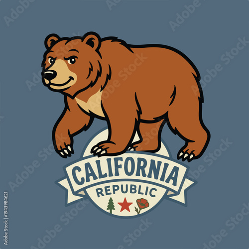 vector sticker california bear mascot, walking grizzly bear cartoon style.eps