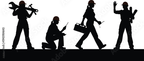 Set of Female Construction Worker Silhouettes Wearing Hard Hats Carrying Tools Wrench and Toolbox in Professional Labor Poses Isolated on White Background for Industrial Design (25 words)Print
