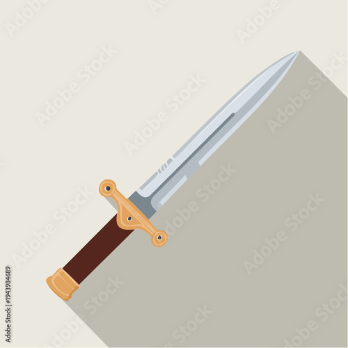 Flat design illustration of a classic sharp dagger, representing ancient history, power, and adventure in a graphic style