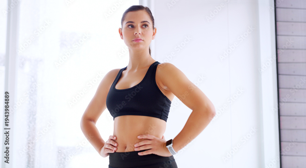 Naklejka premium Workout, thinking and health with woman in gym for fitness, reflection and bodybuilder challenge. Vision, exercise and wellness with female person in studio for athlete, training and sports club