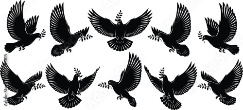 Set of flying dove silhouettes with olive branches, peace symbol birds in various poses, black vector icons isolated, freedom and harmony concept design