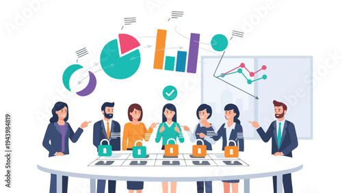 Illustration of a diverse business team collaborating around a conference table with laptops and graphs in a modern office setting with a professional mood.