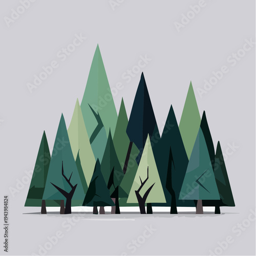 Abstract minimalist forest landscape illustration with green geometric trees on a neutral background