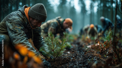 Foresters planting young pine tree saplings in forest during rain
