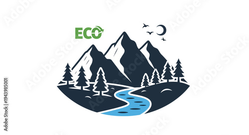 Mountain landscape with river and trees eco concept.
