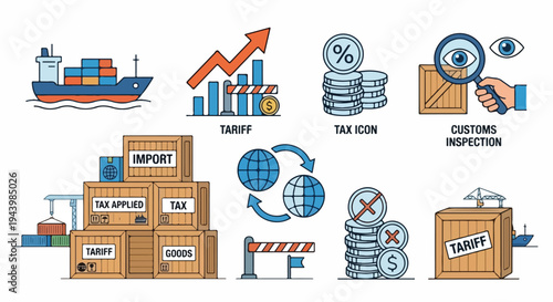 minimal vector icon set global trade tariff symbols, cargo ship, tax icon, customs inspection