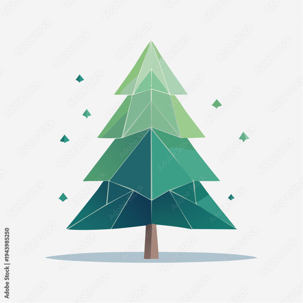 Fototapeta premium Geometric Low Poly Pine Tree Illustration with Falling Shapes, Modern Abstract Winter Forest Design Concept
