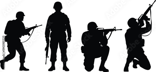 Set of Four Detailed Military Soldier Silhouettes in Various Tactical Combat Poses Including Standing Kneeling and Aiming Rifles for Armed Forces Veterans Day and Modern War Graphic Design
