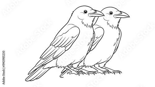 Artistic Duo of Ravens: Two ravens, in elegant outline, stand side-by-side. A study in contrasts and companionship. A timeless monochrome illustration.