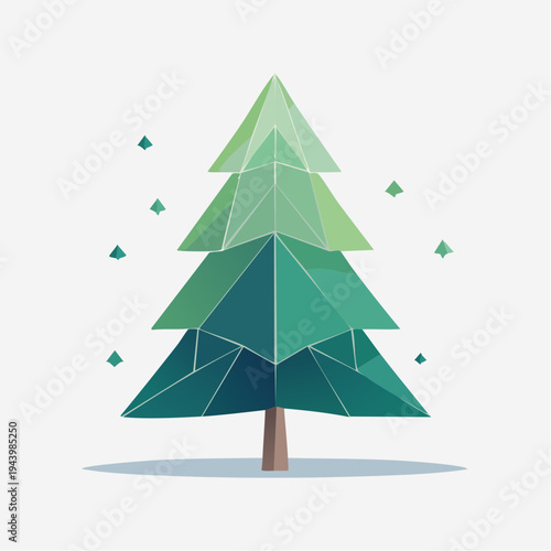Geometric Low Poly Pine Tree Illustration with Falling Shapes, Modern Abstract Winter Forest Design Concept