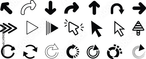 Set of black and white arrow and cursor on white background click