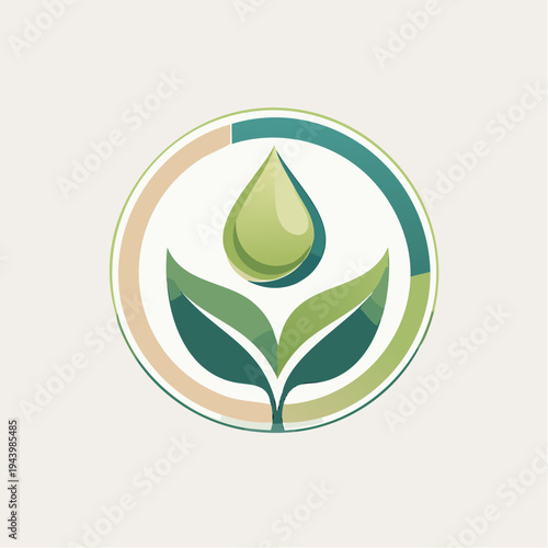 Eco-friendly natural plant growth with water drop icon in a harmonious circular design, symbolizing sustainability and organic purity