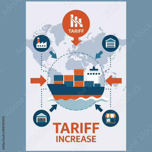 vector illustration global trade tariff concept, cargo ship with containers.eps