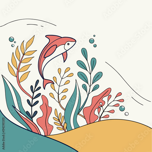 Dolphin swims among colorful underwater sea.