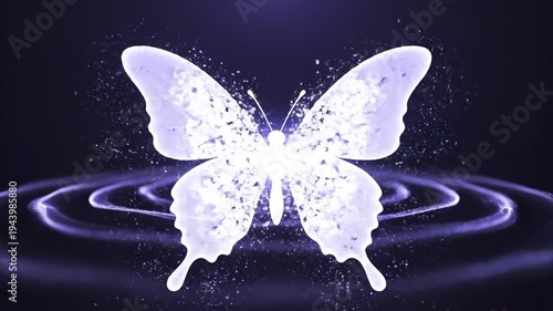 Abstract glowing butterfly emerging from shimmering particles on a dark background for metamorphosis concept and digital art creation
