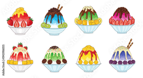 Colorful shaved ice desserts with fruits and toppings, isolated on white background