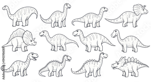 Collection of cartoon dinosaurs, hand-drawn, isolated on white background