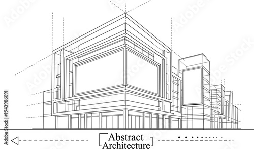 Modern commercial building wireframe featuring blank digital billboard displays and LED screen spaces for urban advertising concepts and marketing.