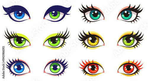Collection of Diverse Cartoon Eyes with Colorful Irises and Long Lashes