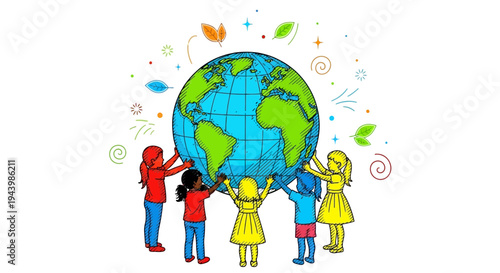 Diverse children holding the Earth globe.