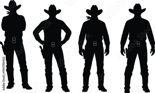Black Cowboy Silhouette Collection, Western Gunfighter Vector Set featuring Outlaw and Sheriff Shapes, American Frontier Graphics for Wild West Designs,