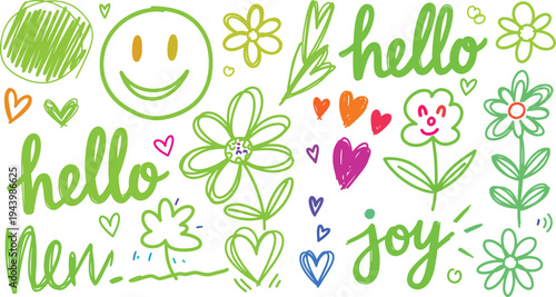 A colorful and cheerful doodle illustration with flowers, hearts, and smiley faces, conveying a sense of joy and happiness.