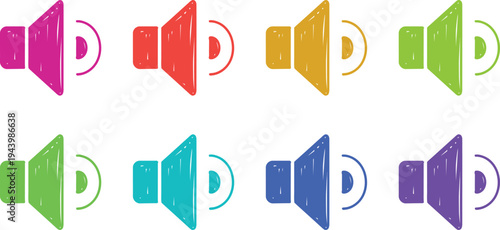 A colorful collection of speaker icons in various vibrant hues on a clean white background