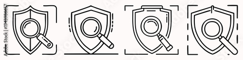 Four shield icons with magnifying glasses are shown.