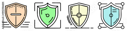 Four shield icons with different colors and symbols are presented side by side.