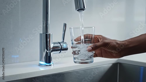 African American hand filling a glass with fresh drinking water from a modern smart faucet in a bright kitchen for healthy hydration concept and contemporary living