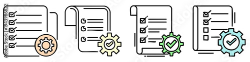 Four icons of documents with gear and checkmark symbols are shown