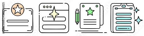A graphic illustration shows various document icons with stars and a pencil on a white background.