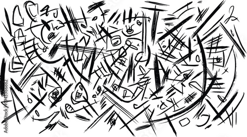 A black and white abstract drawing with chaotic lines and shapes on a white background