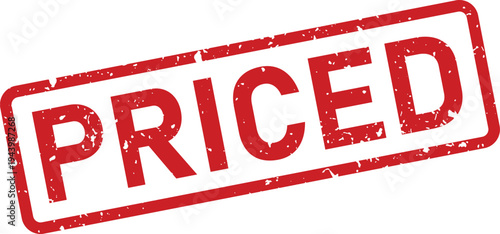 The word PRICED appears on a textured red rubber stamp mark against a bright white backdrop