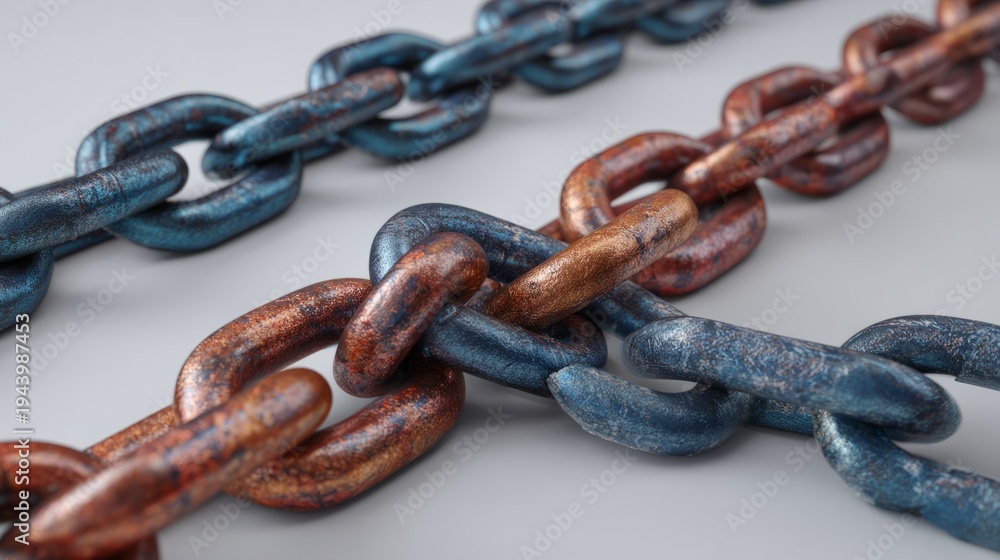 Obraz premium Rusty and blue metallic chains close-up