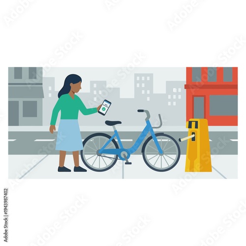 Woman uses phone while standing next to blue bicycle on city sidewalk