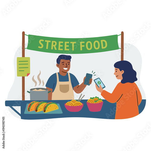 Man selling food to woman at outdoor street food stall with dishes
