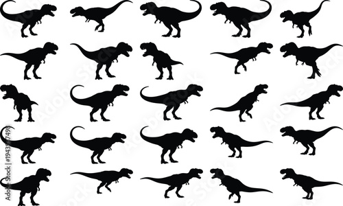 Assortment of black Tyrannosaurus Rex dinosaur silhouettes showcasing different stances and movements on a plain white backdrop.