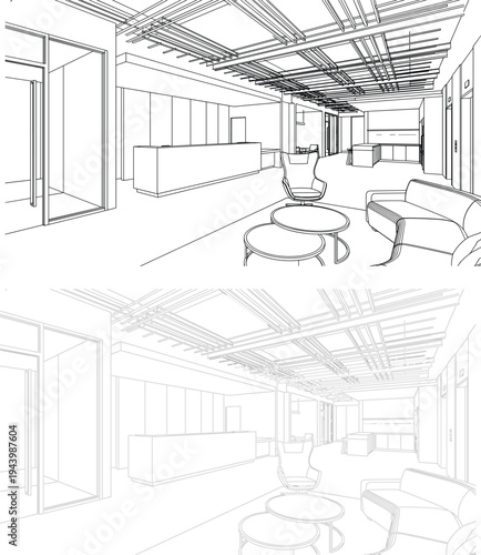 Modern corporate lobby and reception area featuring a minimalist desk, a curved waiting lounge, and an architectural slatted ceiling in a wide-angle perspective.