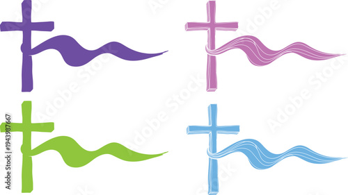 A colorful illustration of four crosses with wavy lines on a white background