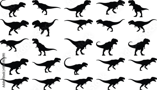 Group of black Tyrannosaurus Rex dinosaur silhouettes displaying diverse actions and postures on a clean white background.