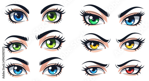 Diverse Cartoon Eyes Collection: Blue, Green, Yellow, Red, Expressions