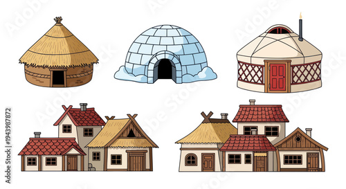 Diverse Traditional Dwelling Types: Igloo, Yurt, Hut, and Village Houses