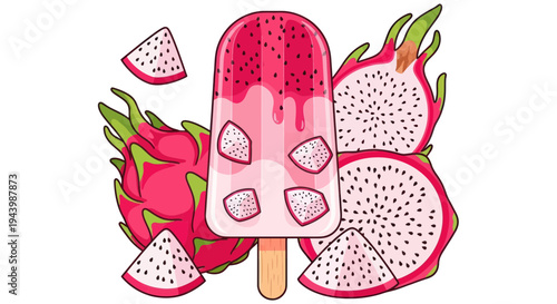 Dragon Fruit Popsicle with Slices and Whole Fruits