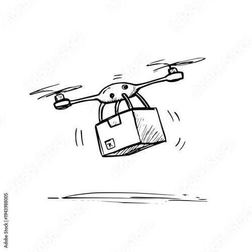 Detailed conceptual sketch of a delivery drone carrying a package, emphasizing modern logistics and fast shipping service for e-commerce.