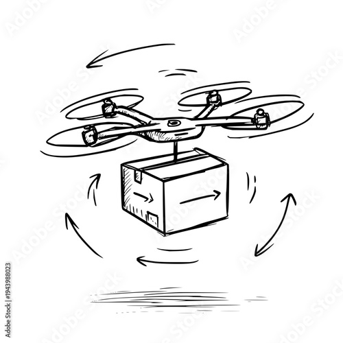 Conceptual sketch of a drone performing package delivery, surrounded by arrows indicating dynamic movement and efficient logistics process.