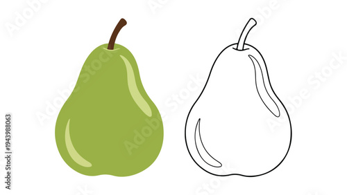 Illustration of a green pear next to a black and white outlined pear against a clean white background.