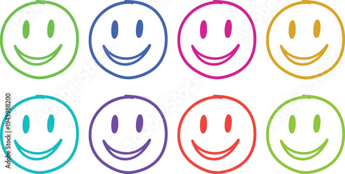 A colorful array of hand-drawn smiley faces in different hues on a white background