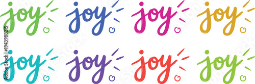 A colorful illustration of the word 'joy' in various bright hues and decorative fonts.