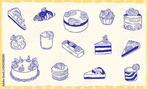 lemon orange dessert cake ice cream bread hand drawn illustration collection set - vector line art